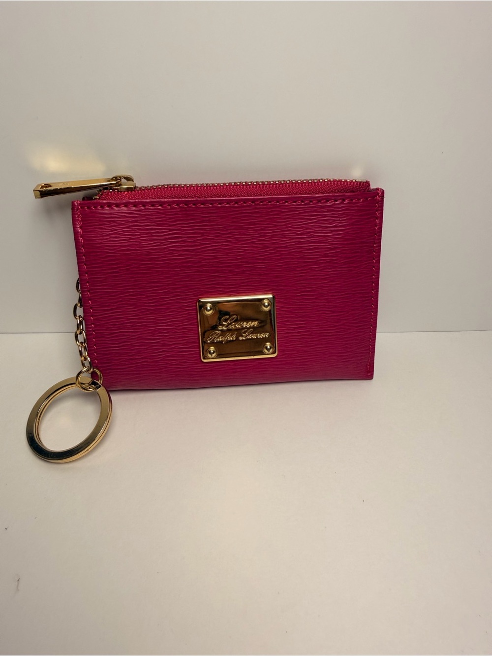 Lauren Ralph Lauren Hot Pink Leather Zip Card Case with Gold Keyring